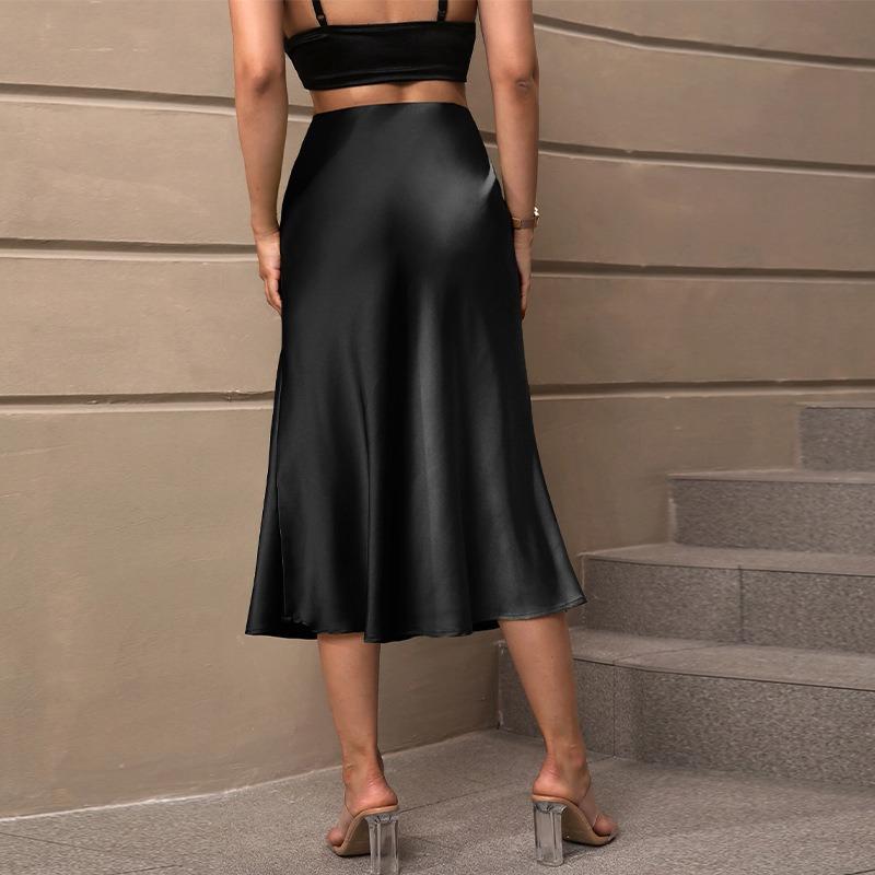 European American Satin Autumn Elegant Style Polyester Mid-length A-line Skirt