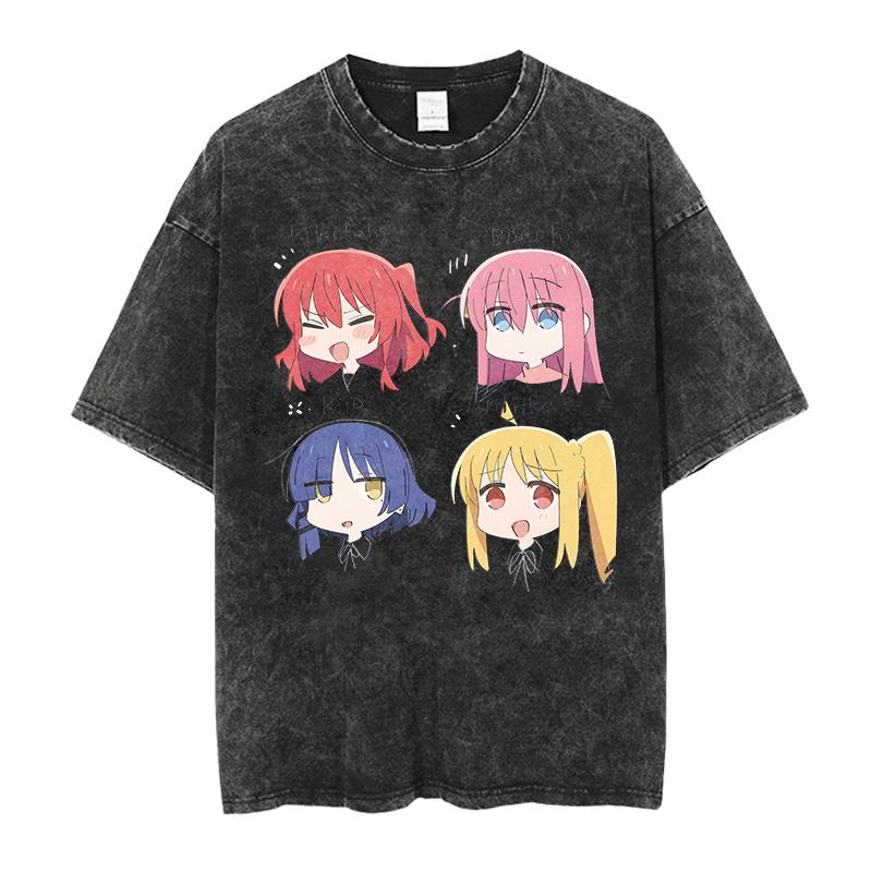 Women's Oversized Printed T-Shirt Bocchi Club Music Band Anime Bocchi Rock Cotton Top T-Shirt Washed Retro T-Shirt