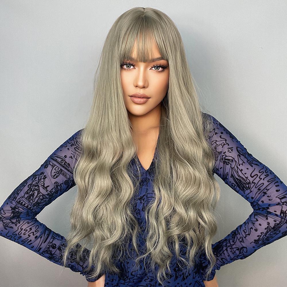 Длинные волнистые светло-зеленые синтетические парики с челкой — фото 4