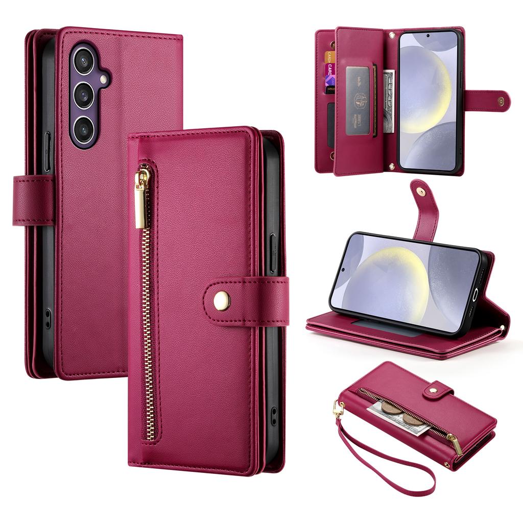 DF-011 For Samsung Galaxy S24+ Case Zipper Pocket Stand Leather Phone Cover with Straps