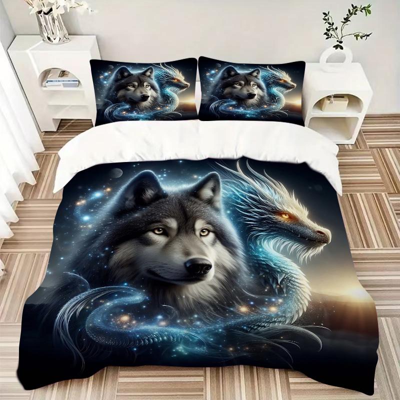 3pcs Galactic Wolf Dragon Print Cover Set Ultra Soft, Breathable, and Comfortable Bedding with Stylish Design for Bedroom and Guest Room Decor