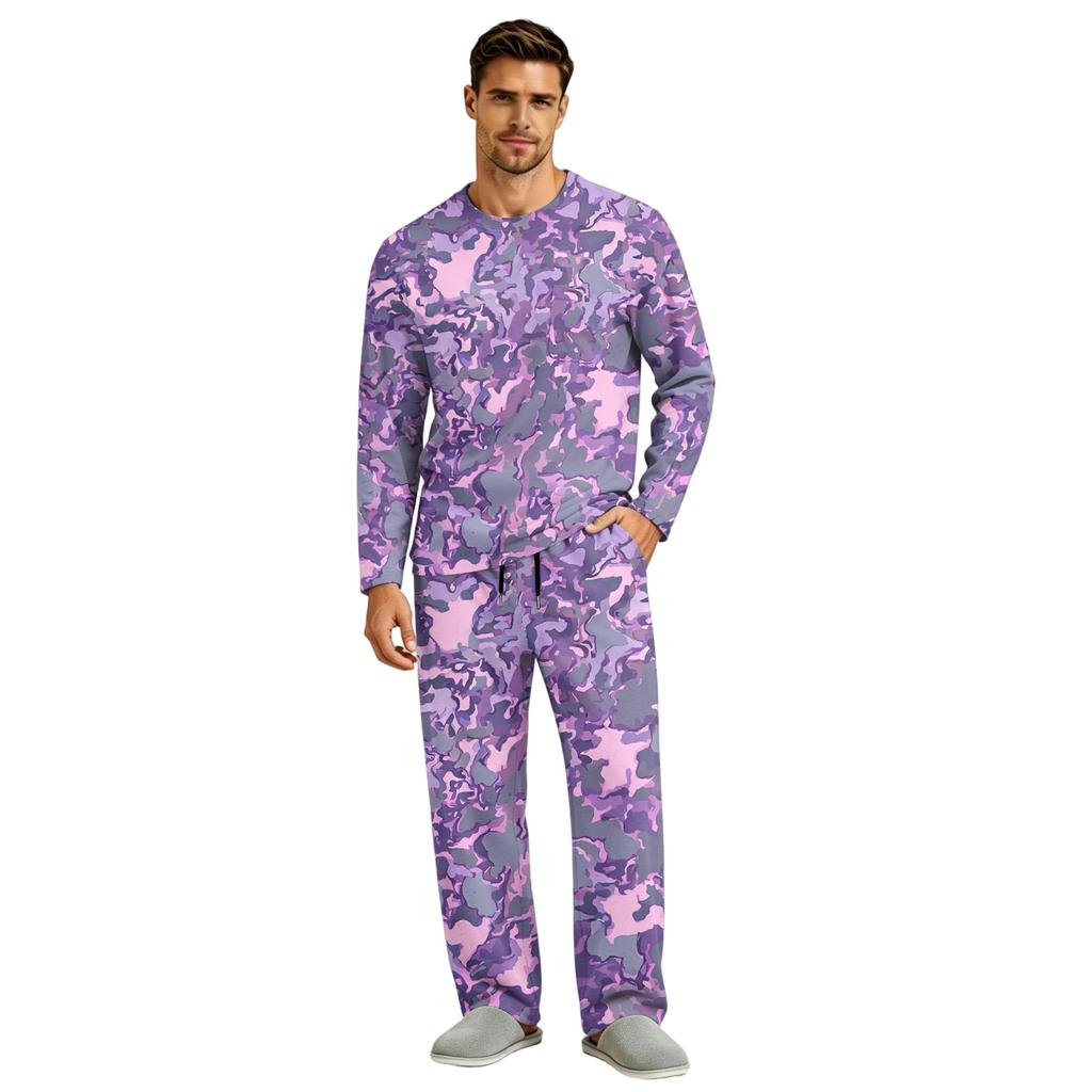 Men's Long Sleeve Pajama Set with Button Crotch and Elastic Drawstring Waist Pants for Home Loungewear