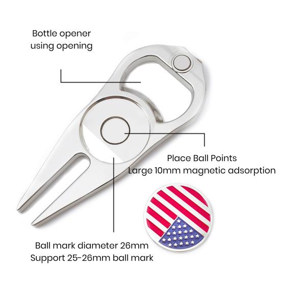 Zinc Alloy Golf Divot Repair Tool Bottle Opener Magnetic Ball Marker Holder Metal Green Fork Tool Golf Accessories Men Women Golfer Enthusiasts Gift