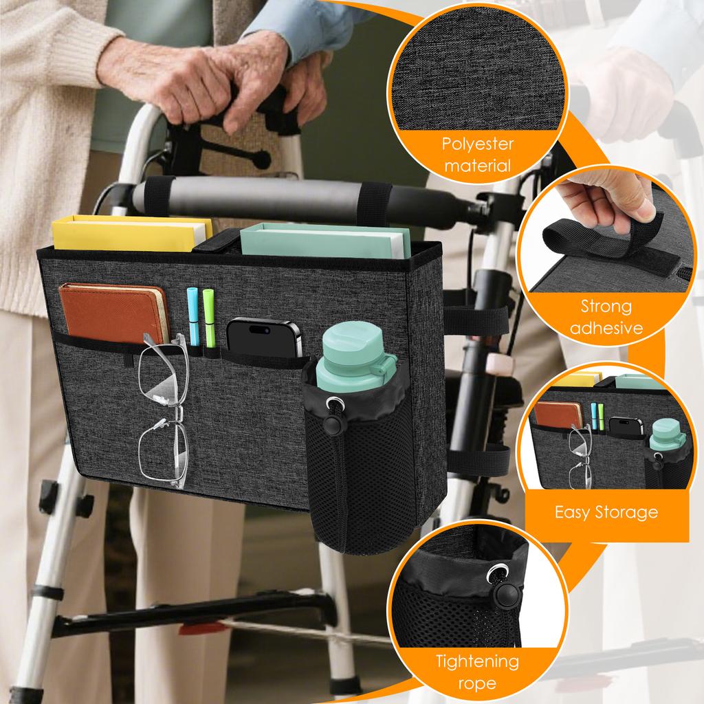 Walker Bag Folding Rollator Walker Storage Basket Tote Bag with Cup Holder Release Hand Carry Pouch for Seniors and Handicapped