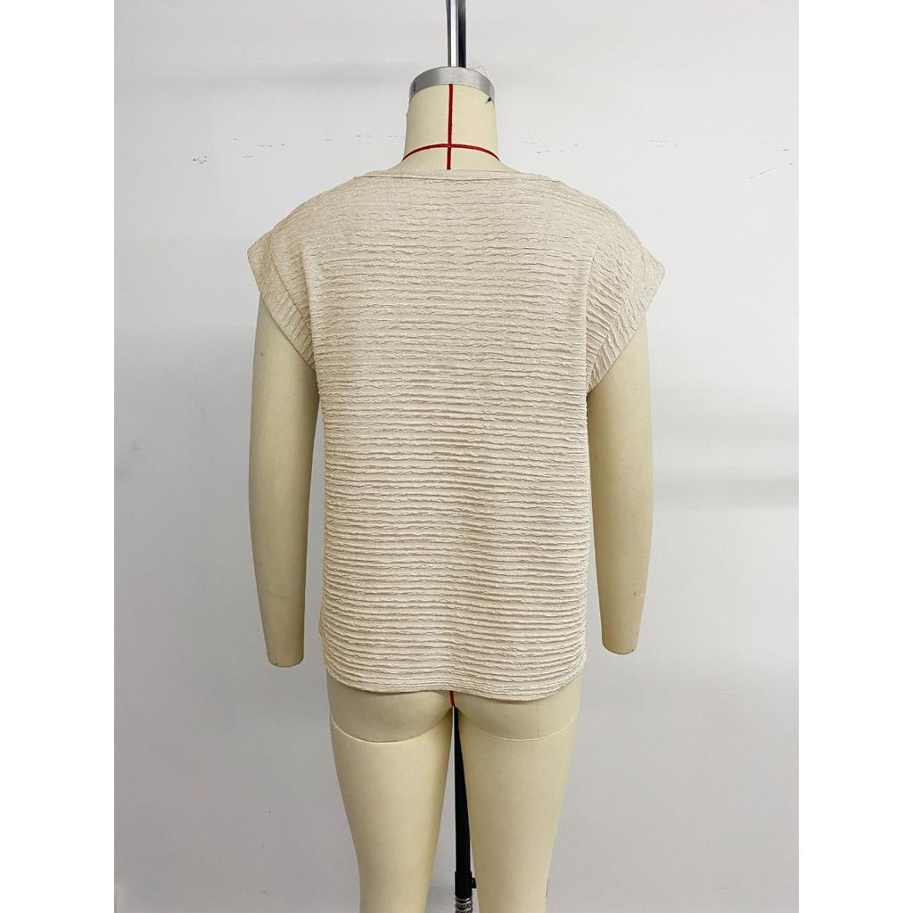 New Women's Solid Asymmetrical V-neck Pleated Top European American Minimalist Design Casual Blouse