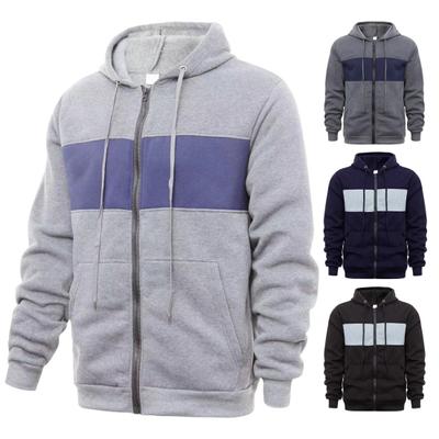 Men Autumn Winter Coat with Hood And Big Pockets Zipper Closure Drawstring Colorblock Sport Jacket with Elastic Cuffs And Hem