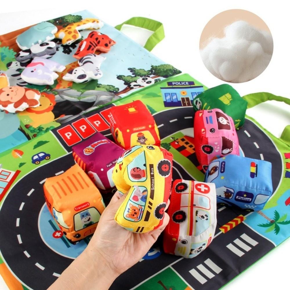 6/9pcs Set with Play Mat Soft Cloth Car Toy Soft Cloth Montessori Toy Sound Paper Rattle Toy Baby