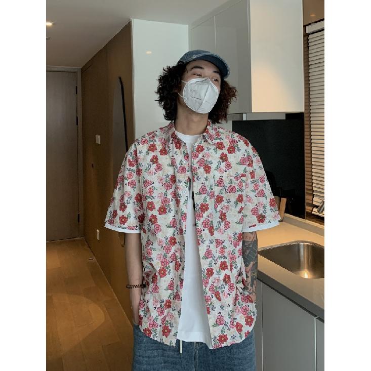 Men's Casual Beach Style Summer New American Retro Lazy Style Full Printed Flower Design Sense Half Sleeve Flower Shirt