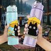 1PC Black Cat Under Umbrella Cartoon 750ml Color Plastic Sports Water Bottle Leakproof Flip Straw Lid Suitable for Sports Office Home Use