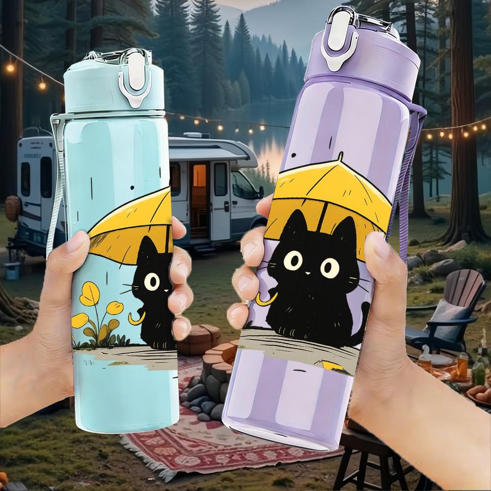 1PC Black Cat Under Umbrella Cartoon 750ml Color Plastic Sports Water Bottle Leakproof Flip Straw Lid Suitable for Sports Office Home Use