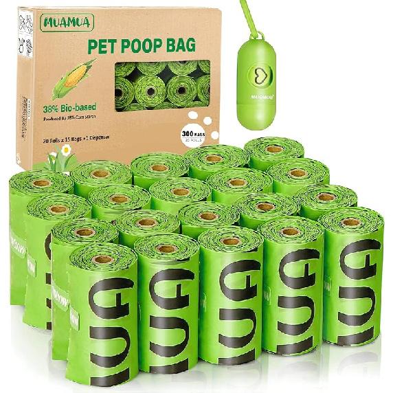 MUAMUA Biodegradable Dog Poop Bags 300 Count, 20 Rolls, Recyclable Waste with Dispenser, Large 9 x 13 Inches, Extra Thick, Leak Proof for Dogs and 1 Dispenser + 300 Bags