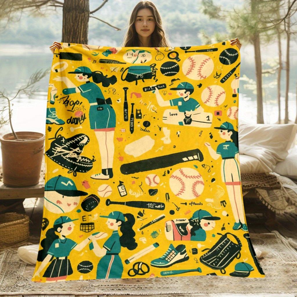Bright baseball-themed flannel blanket - soft and warm, perfect for camping, sofas, beds, and chairs; a great holiday gift for