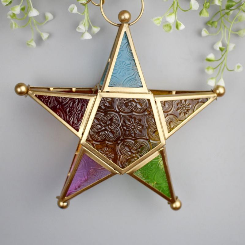 Portacandele a Pentagramma in Ferro Battuto Vetro Colorato Design Antivento Retrò per Decorazione della Casa e Occasioni Speciali
