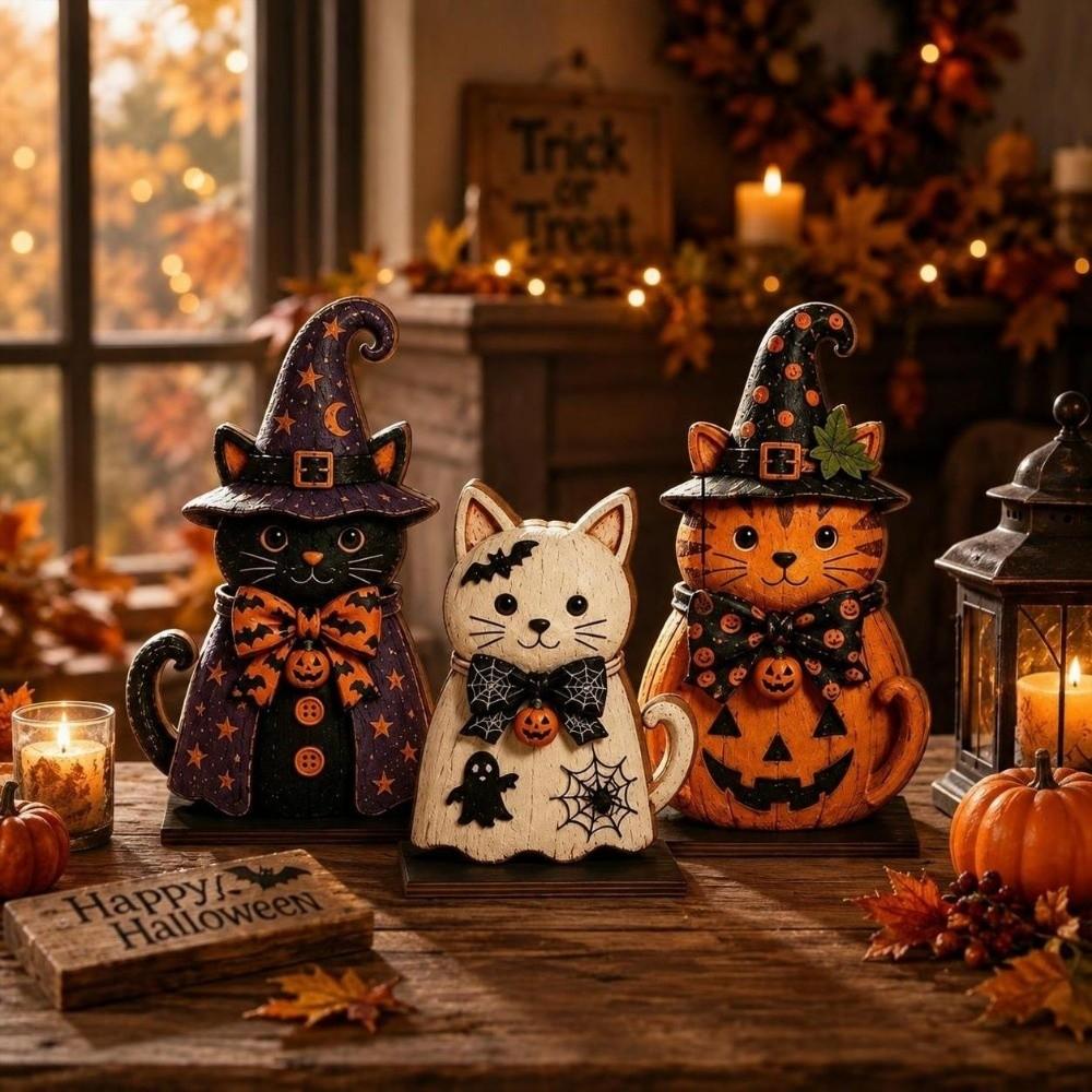 3pcs Rustic-style Halloween Figurine Pumpkin Tabletop Decoration Vintage Witch Cat Ornament Bedroom