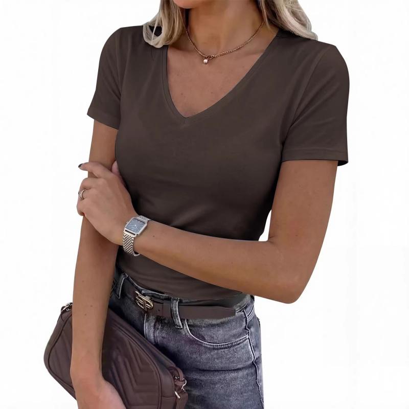 2026 New Women's Short-Sleeve Stretch V-Neck Slim Fit Casual Solid Color T-Shirt