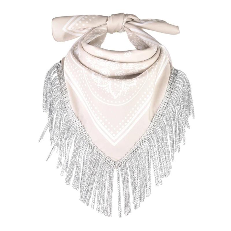 Банданы Ковбойские Шарф Со Стразами Бахрома Пейсли Платок Банданы для Девичника Ковбойские Банданы Платок-Шарф Со Стразами бежевый