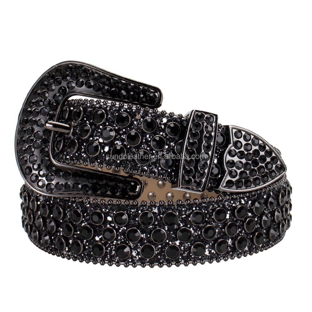 Sundo Western Cowboy Crystal Studded Leather Alloy Buckle Bling Bling Diamond Rhinestone Belt