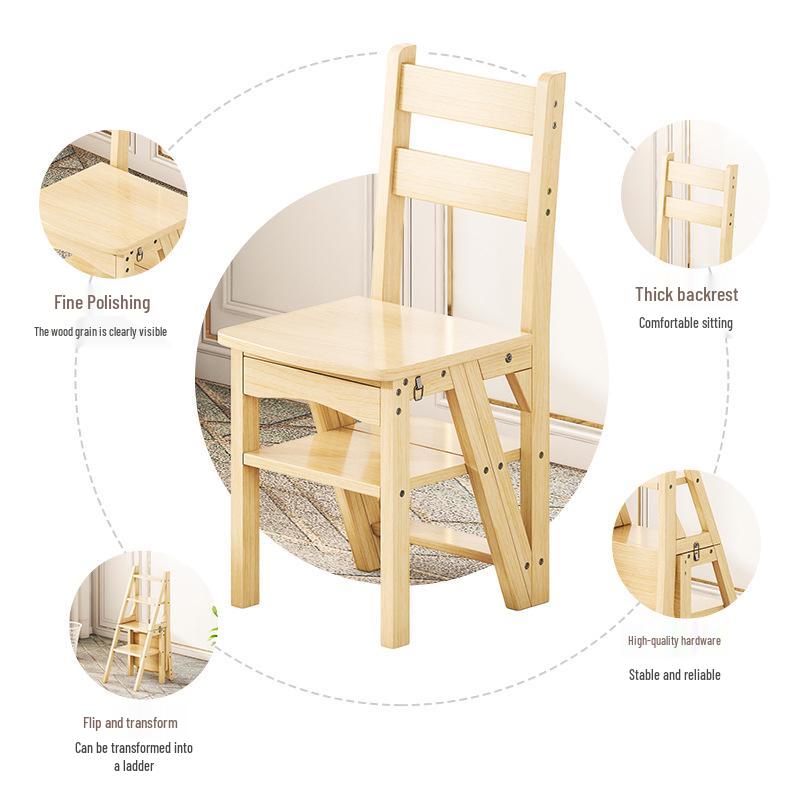 Solid Wood Reversible Three-Step Folding Ladder Stool for Indoor Use