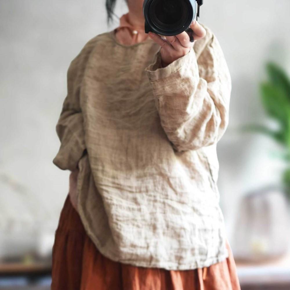 Johnature Women T-Shirts Vintage Spring Chinese Style Solid Color Long Sleeve O-Neck Loose Female T-Shirts