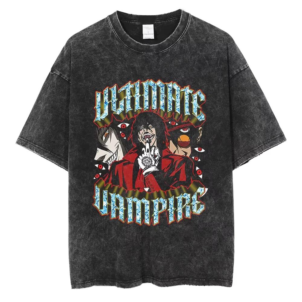 Anime Hellsing Alucard Graphic Washed T Shirt Men Vintage Manga T-shirts Street Cotton Tshirt Harajuku Male Casual Tops