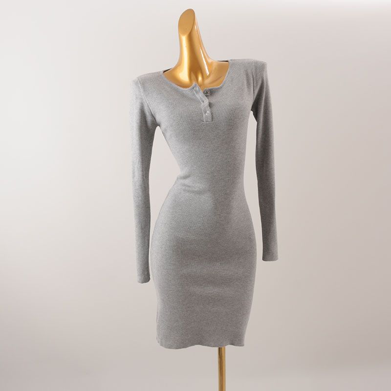 2025 Cotton Korean Style Round Neck Sheath Long Sleeve Dress Slim Fit Slimming Simple Light Gray Mid-Length Base Skirt