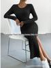 European & American Fall/Winter Long-Sleeve Round Neck Slit Knit Dress for Women
