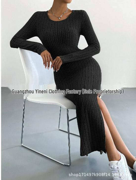 European & American Fall/Winter Long-Sleeve Round Neck Slit Knit Dress for Women