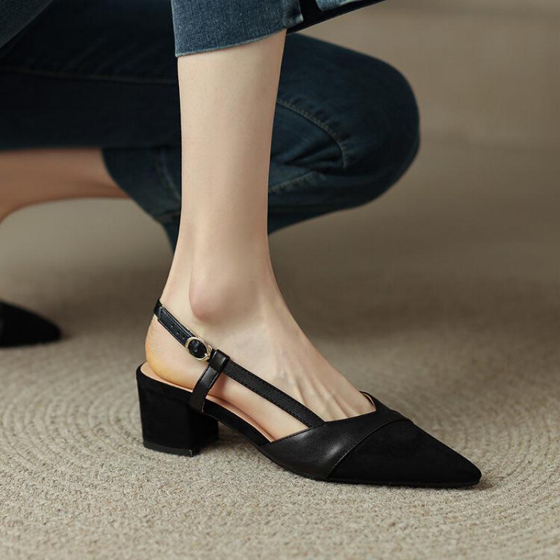 

Summer women s hollow sandals one pedal pointed large size shoes rubber soft sole new suede square heel comfortable sandals 39 чорний