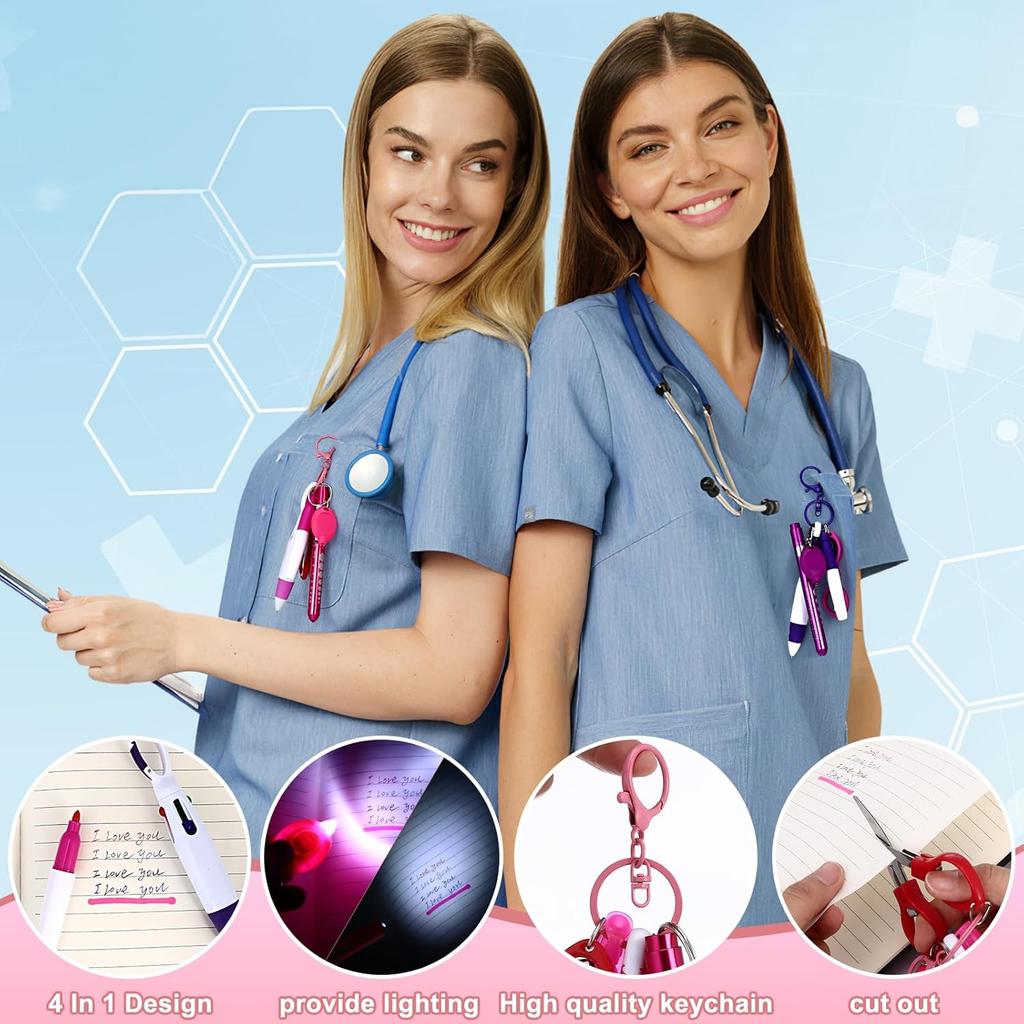 12pcs Multifunctional Nurse Pen Set, Including Pen Light, Permanent Marker, Multicolor Ballpoint Pen, Keychain Clip, Folding Scissors