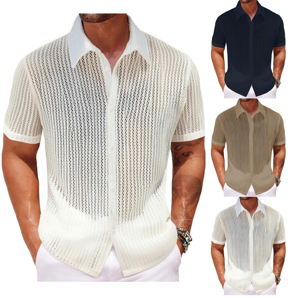 Men's Summer Sexy Hollow Shirt Summer Casual Short-sleeved Lapel Shirt