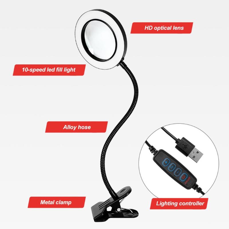 Foldable Cantilever LED Magnifying Glass 6.30" Table Illuminated Soldering Magnifier Lamp with 1.97" Clamp for Reading