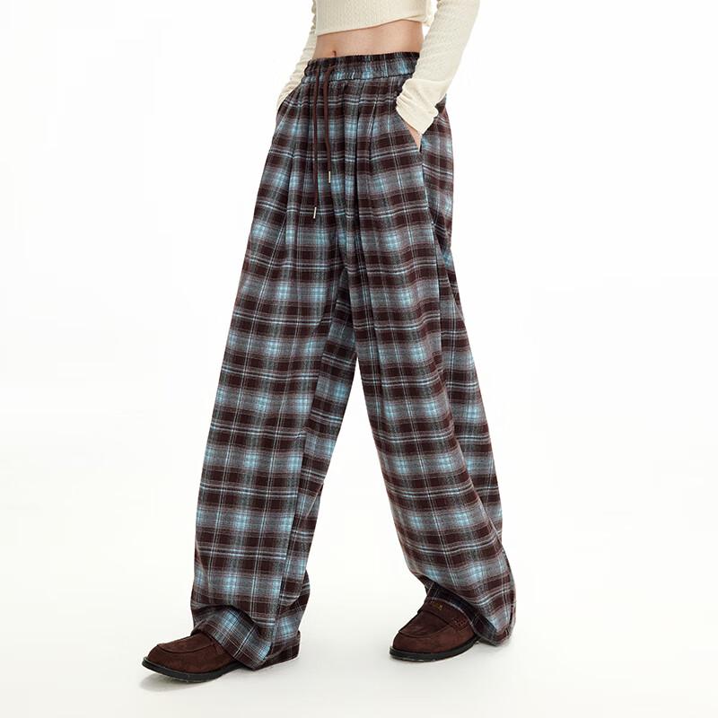 UNIFREE Women's Plaid High-Waist Wide-Leg Casual Pants