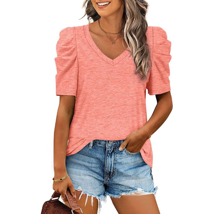 Women's  Fashion Summer Sexy Casual Loose T-Shirt Tops V-Neck Short Sleeve Tops Solid Color  Tops