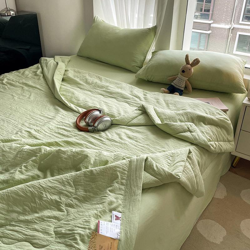 Lightweight Soybean Fiber Summer Quilt Set - Breathable Washed Cotton Comforter for Air Conditioner, Machine Washable Solid Color Bedding