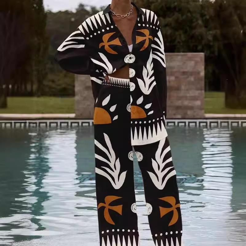 Trend printing long-sleeved shirt set, personalized full printing design, loose and casual wear two-piece set, new European and American models