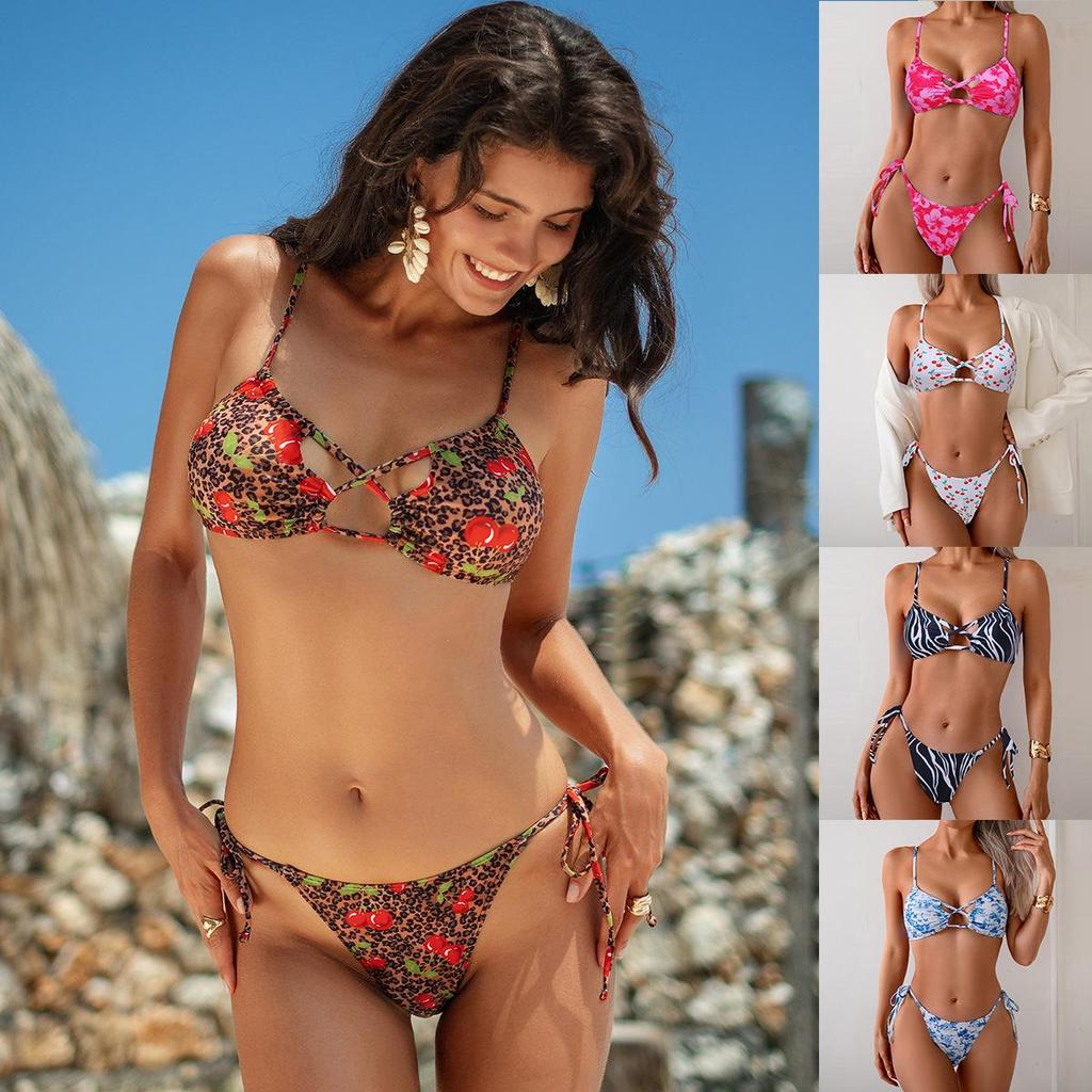 2025 Cross-Border Lace-Up Printed Bikini Swimsuit for Women - European & American Style