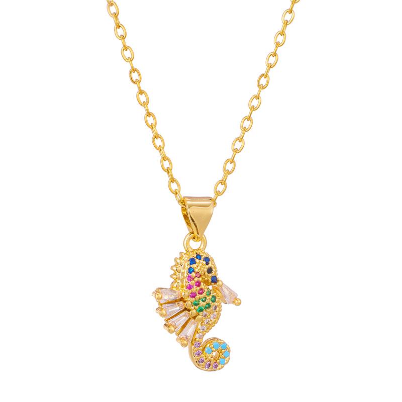 18k Gold Seahorse Pendant Necklace with Colorful Zircons - Women's Cute Animal Clavicle Chain