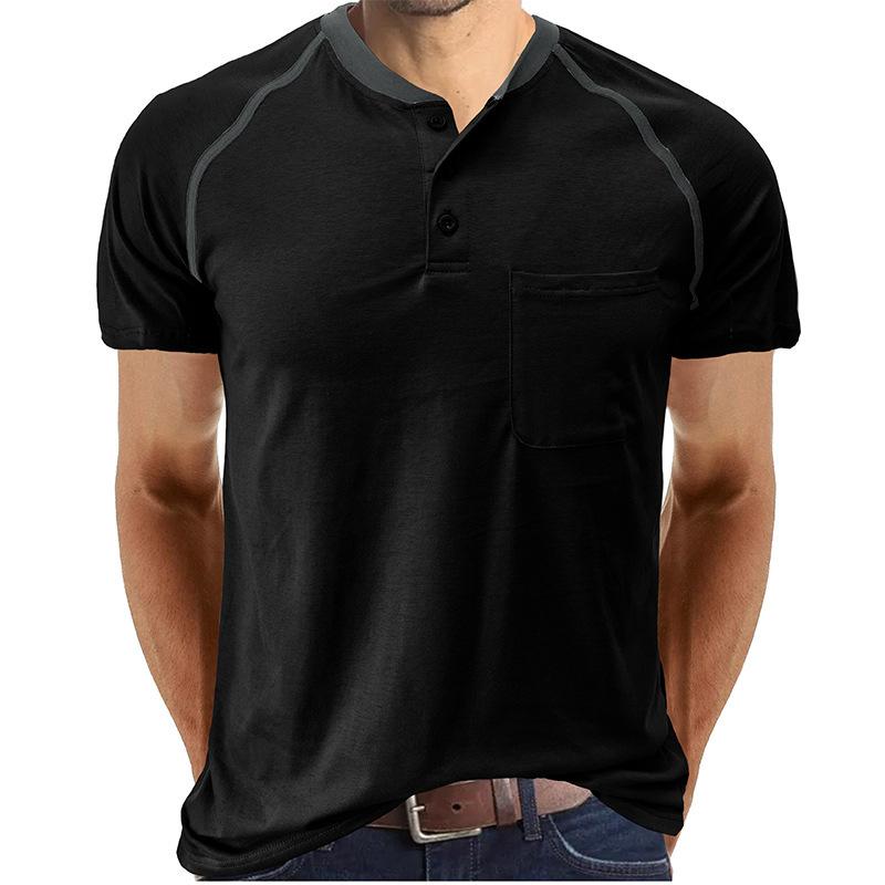 Men Henley Neck Short Sleeve T Shirt Pocket Contrast Stitching Top S