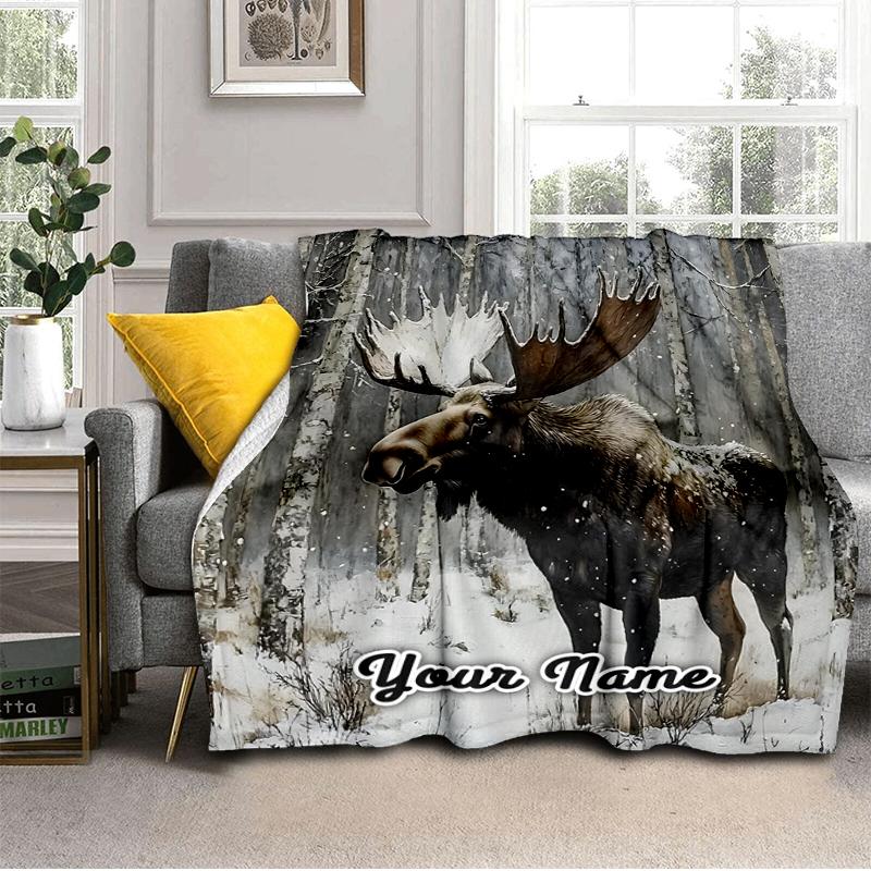 1PC Custom Name Moose Winter Forest outdooor Flannel blankets Throw Blanket All-Season Throw Gift Bedspread for Couch, Bed, Camping Holiday Birthday g