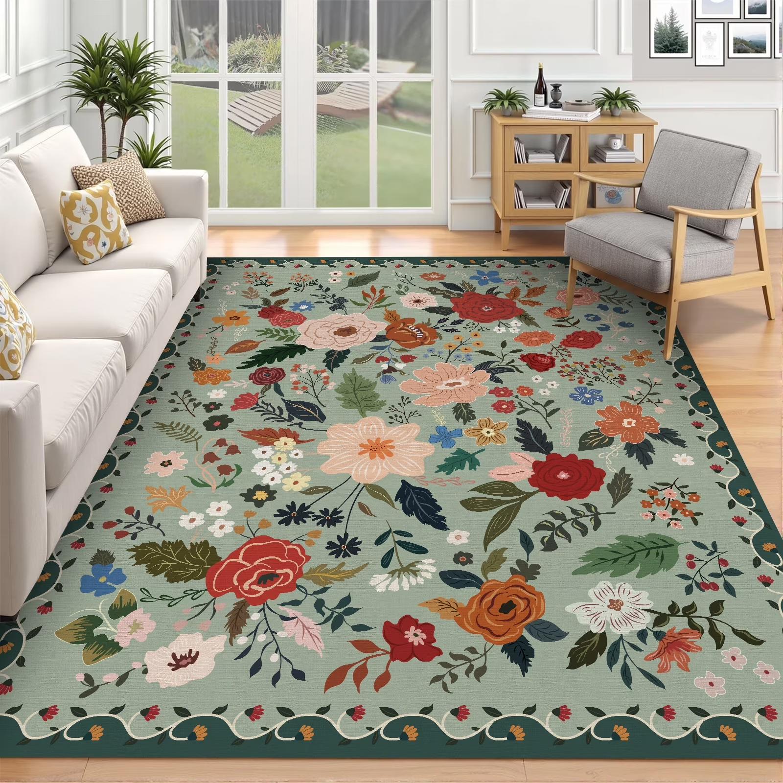 

Area Rug Sage Green Vintage Floral Pattern Non Slip Washable Living Room Rug for Boho Home Decor 40x60cm