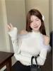 Women's Off-the-Shoulder White Knit Top – Fur Patchwork, Slim Fit, Long Sleeve, Autumn/Winter