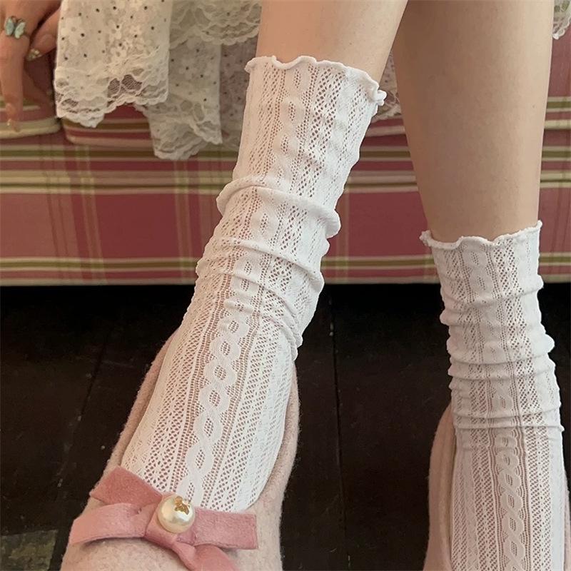 Ladies Summer Thin Pure Color Lace Ballet Style Hollow Mesh Hemp Pattern Calf Pile Socks