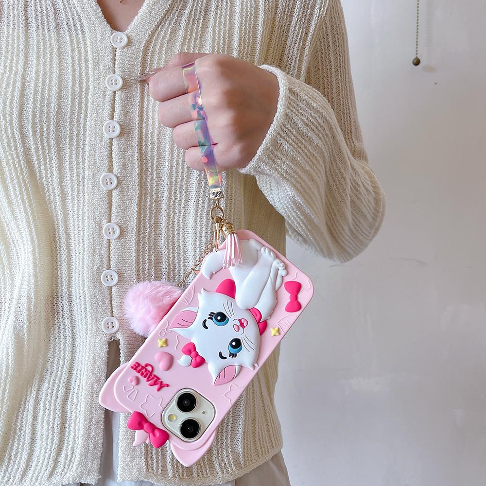 3D Kawaii Cartoon Marie Katze Handyhülle Weiche Silikonhülle für iPhone 12 13 14 15 Plus iphone 16 Pro Max Mit Haarbällchen Anhänger