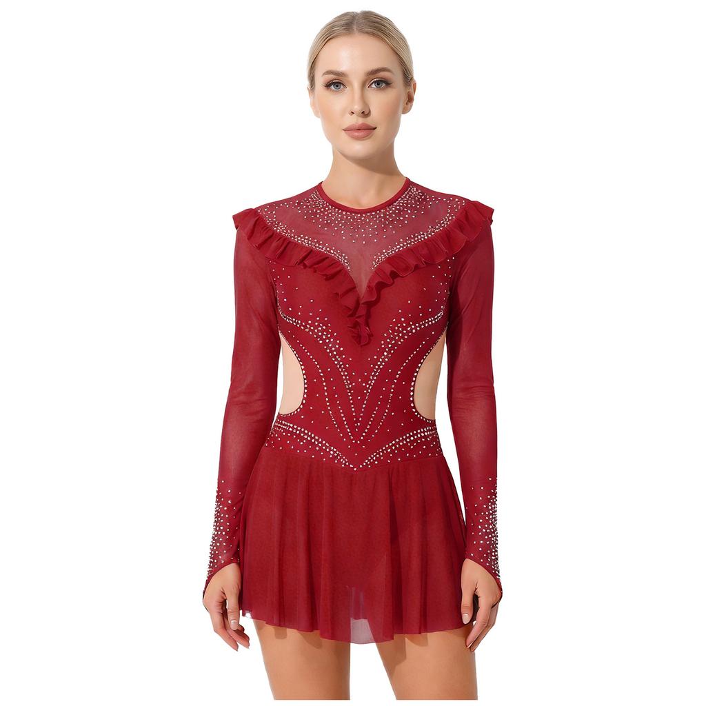 Dámský síťovaný trikot s kamínky Dlouhý rukáv Volánkové lemy Síťovaná sukně Body Šaty Jumpsuit pro krasobruslení