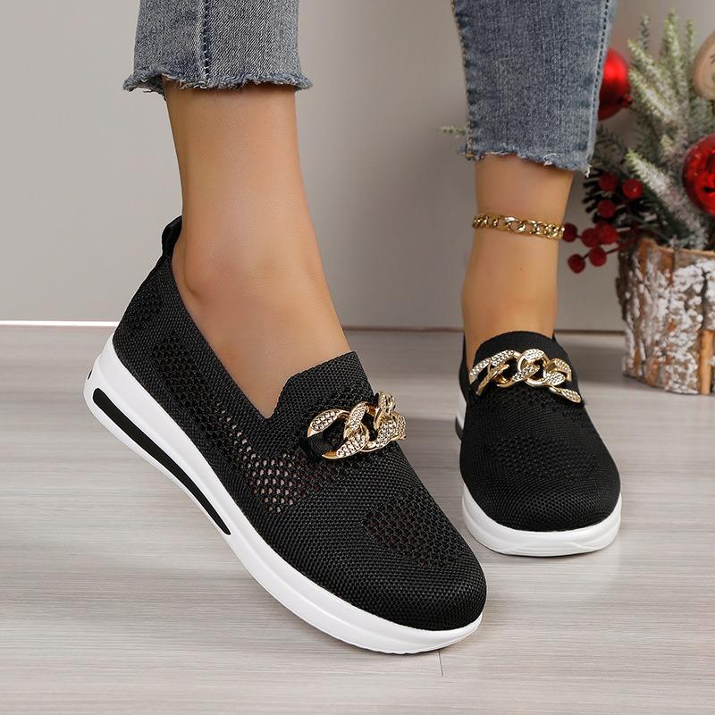Spring new large-size women's shoes fly-woven breathable hollow upper metal chain wedge heel casual single shoes 43