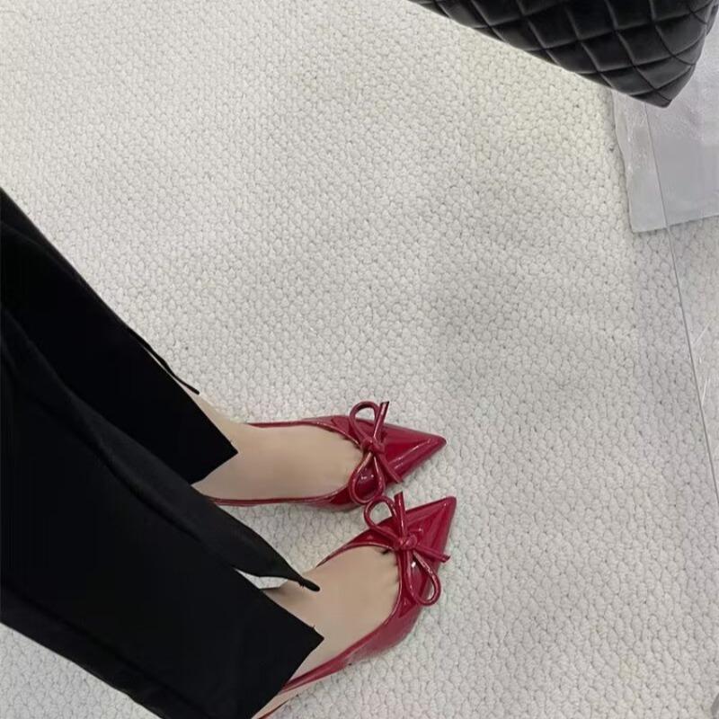 

Уличный стиль Сексуальные красные туфли с острым носком на высоком каблуке Женские туфли с бантом и мелкой подошвой Модные туфли-лодочки Сандалии Туфли-лодочки Платье Свадебные мюли 35