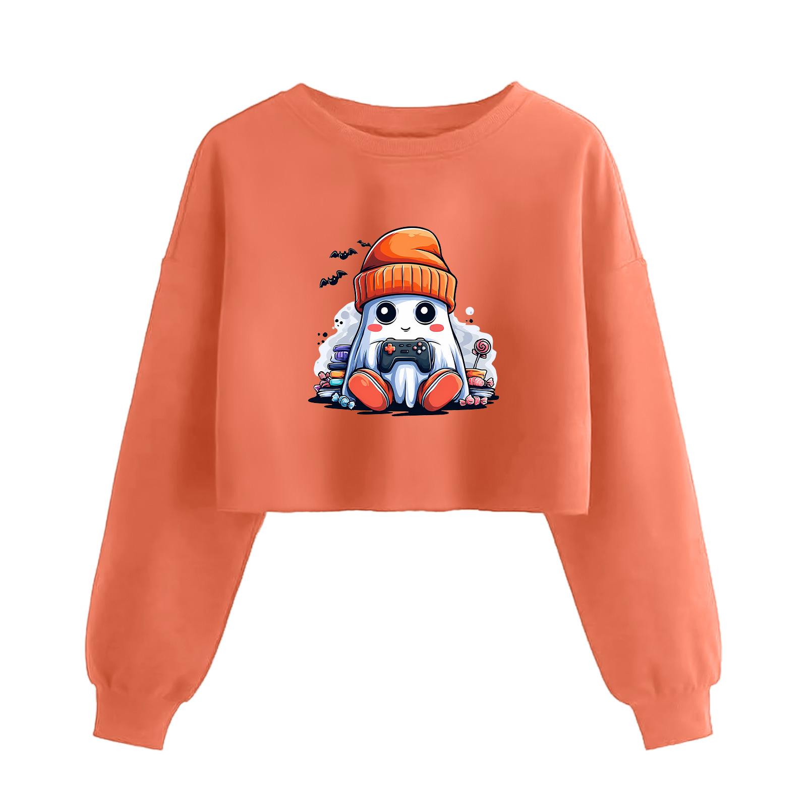 

Женский модный пуловер с длинным рукавом и принтом на Хэллоуин, открывающий живот S шафрановый