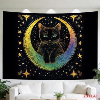 Mysterious Gradient Star Moon Black Cat Tapestry Black Gold Color Starry Sky Cat Printing Hanging Cloth Room Decoration