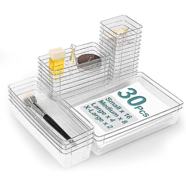 15Pcs Clear Plastic Drawer Organizers Set, 4size Makeup Drawer Organizer Trays for Vanity/desk/bathroom/office/nightstand/gadgets for Kitchen/desk