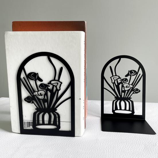1 Pair Flower Metal Bookends Decorative Flower Vase Book Ends for Shelves Black
